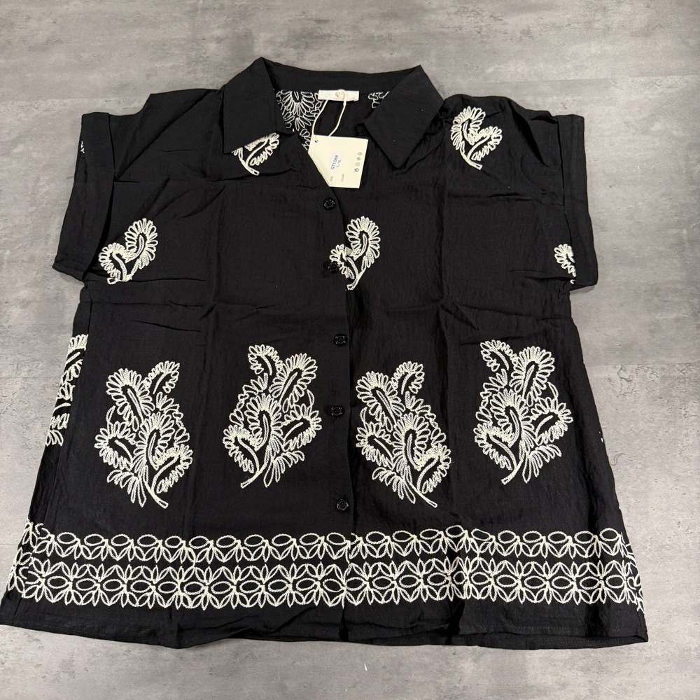 CC Fashion Paris Shirt Blouse Womens L/XL Black Embroidered NEW Lightweight